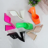 square toe solid color slippers women block triangle heels slippers fashion peep toe woman shoes high heels sexy ladies slides