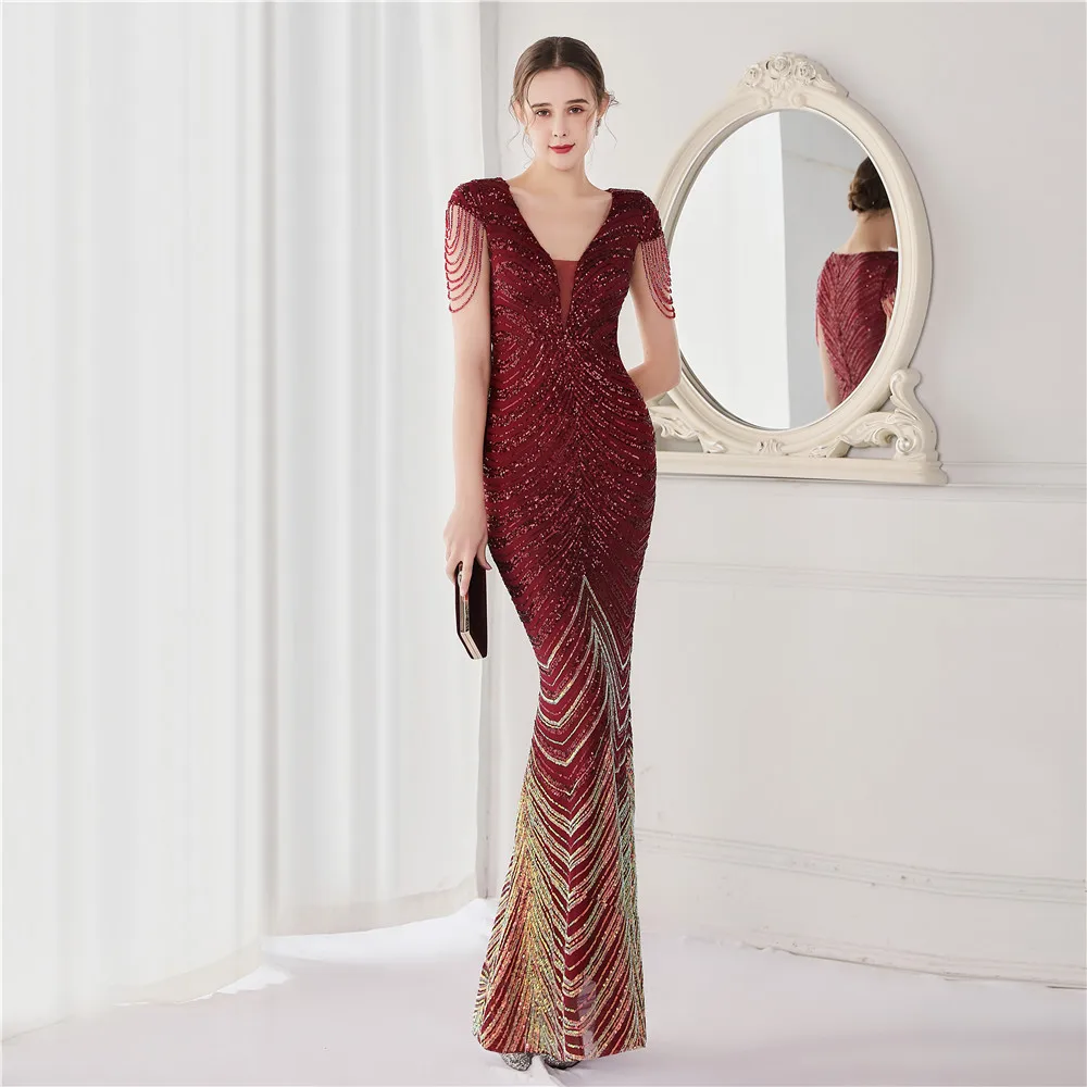 

Burgundy Sequin Long Dress Mermaid Party Dresses Women Evening Deep V-neck Special Occasion Dresses Gowns Night Women's Luxury