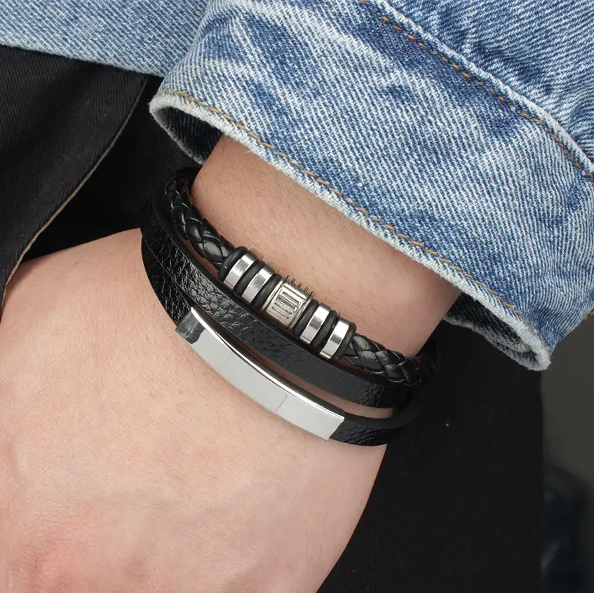 

Fashion 21cm Leather Bracelets Men Multilayer Stainless Steel Braided Rope Bracelets for Man Jewelry Bracelet Homme Gift