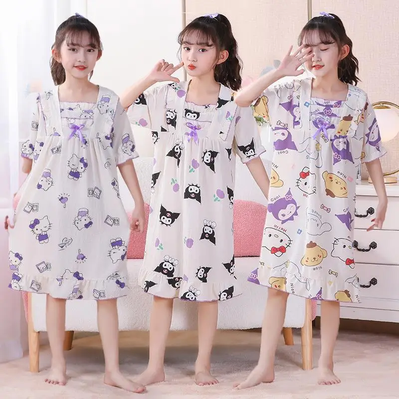 

Детская ночная рубашка Sanrio Hello Kitty, летняя свободная мультяшная Пижама с рисунком коричного цвета, милое уличное платье принцессы, домашняя одежда из аниме