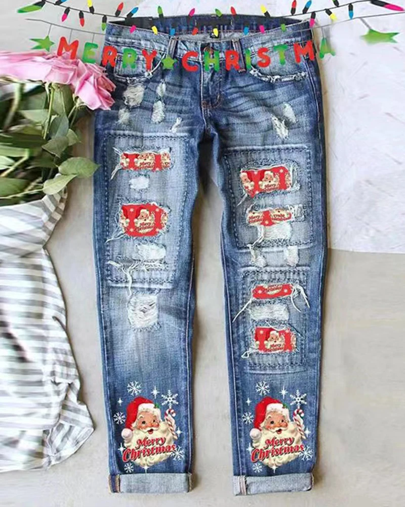 

Autumn Women Merry Christmas Santa Claus Snowflake Print Ripped Jeans Femme Plain Zipper Denim Pants Lady Sexy Trousers traf