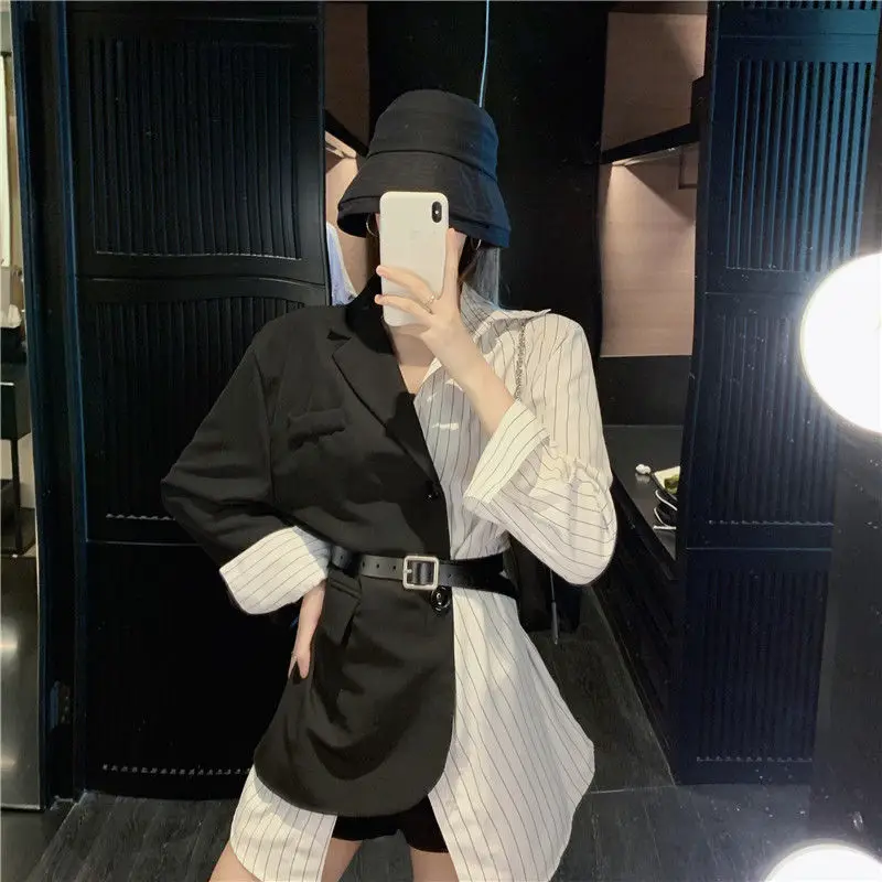 Women Korean Vintage Patchwork Blazers Fashion High Street White Black Blazer 2023 Spring Autumn Chic Slim Outwear All-match