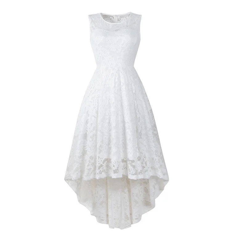Elegant women formal cocktail wedding guest lace dress 2022 Summer sleeveless o-neck slim asymmetrical high low white maxi dress