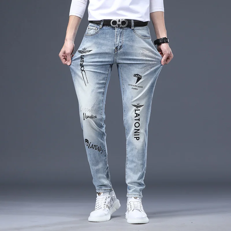 Jeans men Korean pants slim feet stretch light blue summer hot diamond printed casual denim pants men