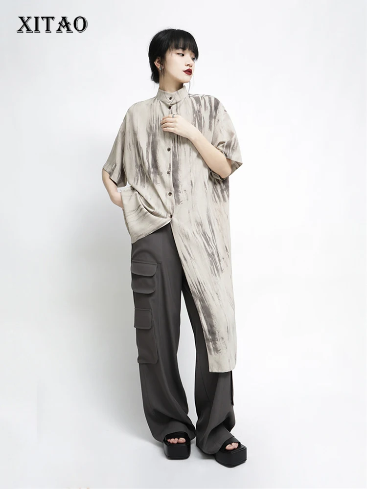 

XITAO Asymmetrical Casual Shirt Fashion Stand Collar Vintage Print Women Loose Top 2022 Summer New Street Trendy WLD8237