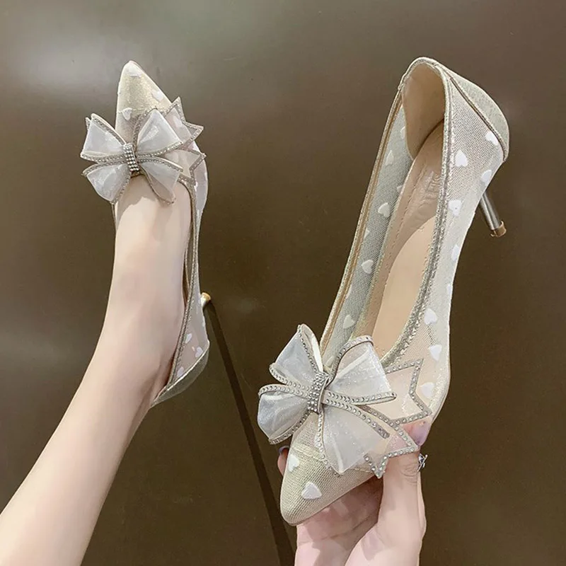

2020 New Fashion Women Pumps Crystal Mesh High Heels Pointed Toe Butterfly Knot Dress Shoes Thin Heels Dress Shoes Female 8522N