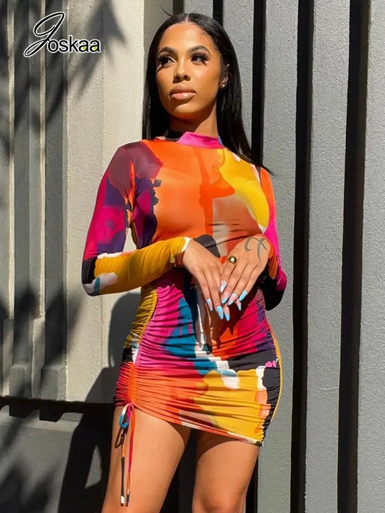 

Joskaa Multicolor Print Mini Dresses Women Sexy Round Nack Long Sleeve Drawstring Bodycon Dress Autumn 2022 High Street Clothes