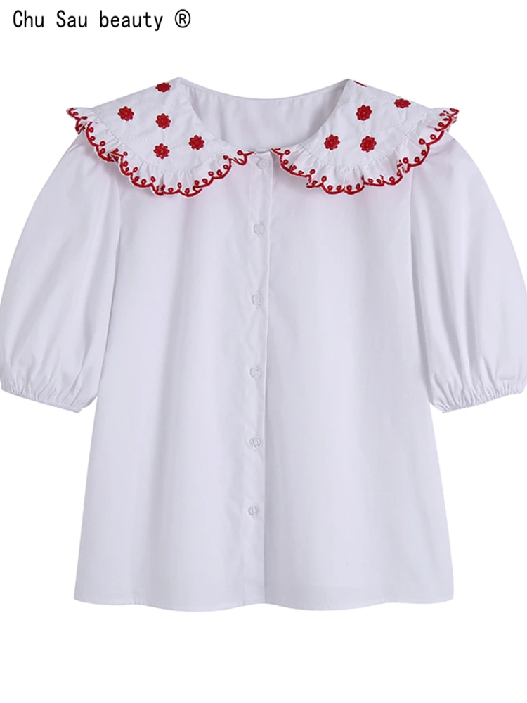 

Женская винтажная рубашка с вышивкой ZA, белая Свободная блузка с воротником «Питер Пэн» и рукавами-фонариками, лето 2022