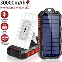 solar power bank 30000mah portable qi wireless charger powerbank for iphone 13 samsung s22 xiaomi poverbank with camping light