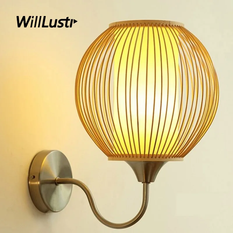 

Handmade Bamboo Globe Wall Lamp Pastoral Wood Stick Ball Sconce Aisle Doorway Corridor Foyer Porch Creative Metal Light Fixture