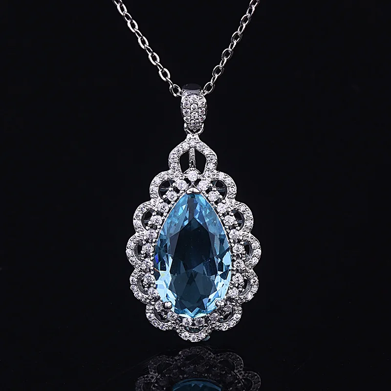 

Luxury full diamond inlaid sea blue topaz water drop pear shaped necklace wedding party silver pendant female