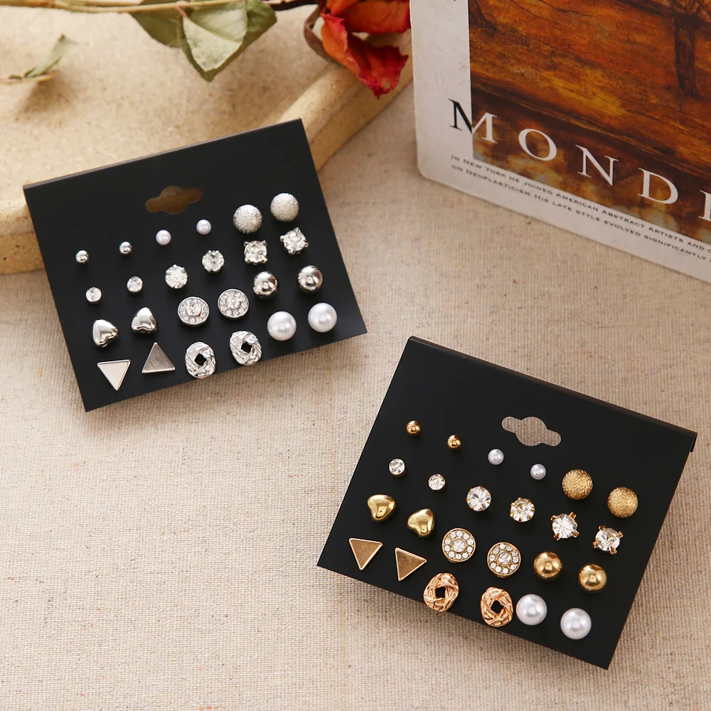 

12 Pairs Elegant Zircon Crystal Stud Earrings Set for Women Fashion Ear Studs Jewelry Gold Heart Shape Stud Pearls Earring