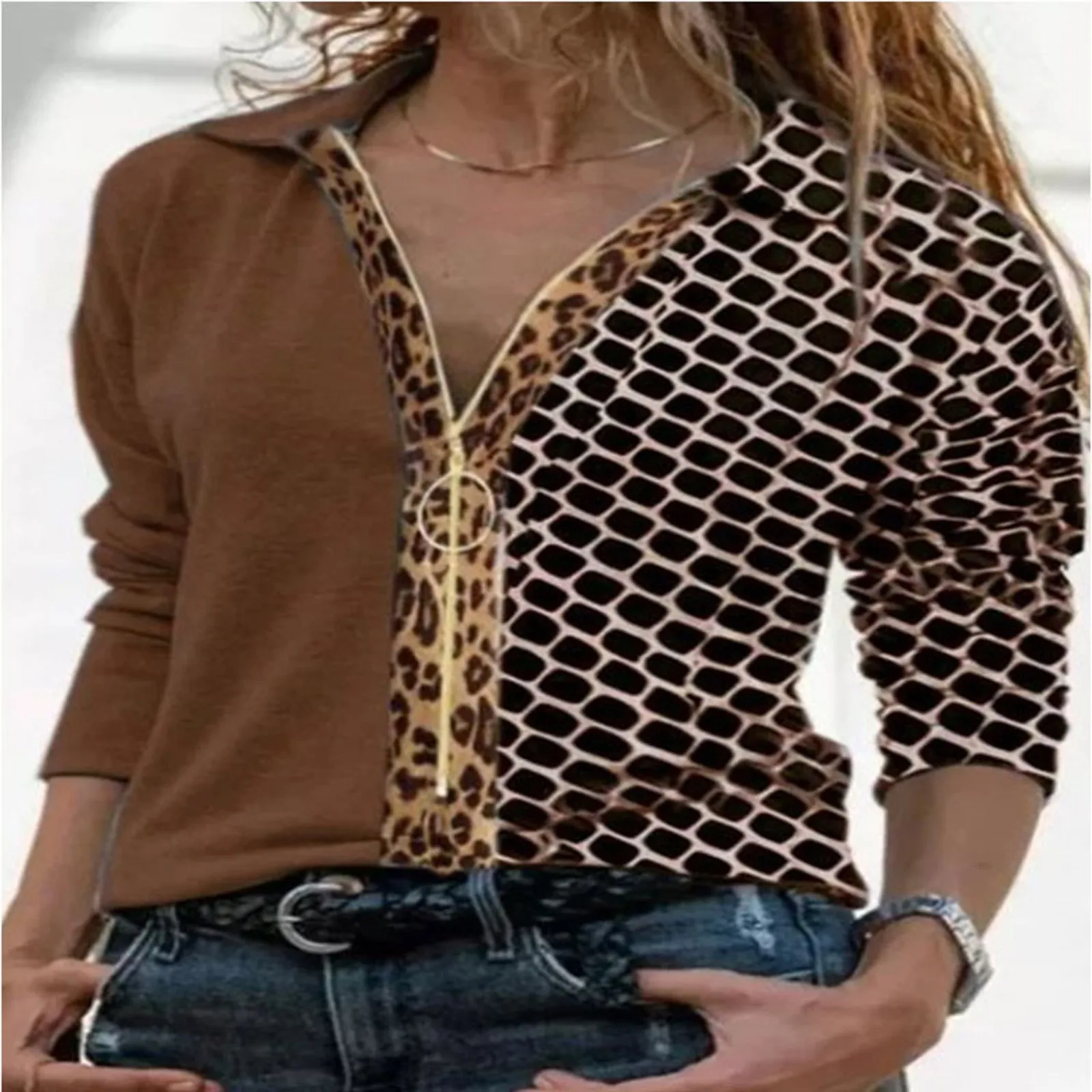 

Women's Casual Fashion Printed Zipper Lapel Colorblock Long-sleeved Womens Tee Shirts Long Sleeve Light V Neck Women
