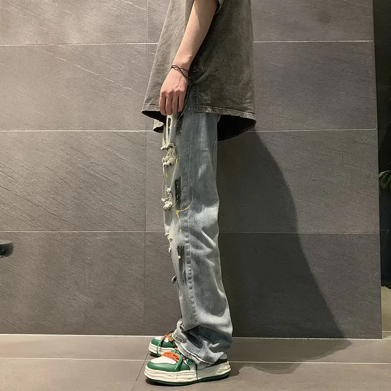 DEEPTOWN Ripped Print Jeans Men Vintage Fashion Hip Hop Denim Pants Loose Straight Hole Trousers Male Streetwear Punk Spring