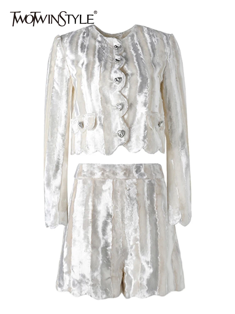 

TWOTWINSTYLE Diamonds Two Piece Set Womens Round Neck Long Sleeve Tops High Waist Shorts Solid Sets Female Clothing Autumn Style