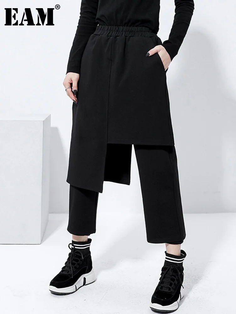 

[EAM] High Elastic Waist Black Asymmetric Harem Pants New Loose Fit Trousers Women Fashion Tide Spring Autumn 2023 1DF4738