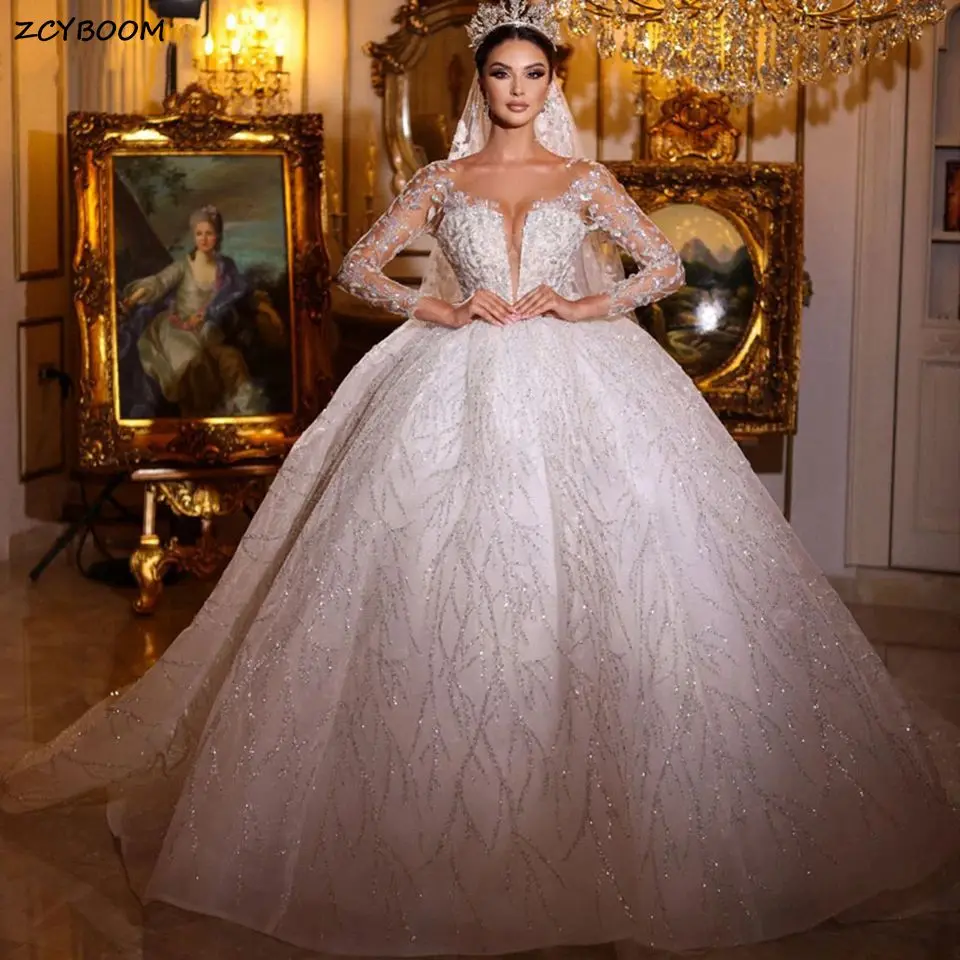 Купи Exquisite Ivory Long Sleeves Ball Gown Wedding Dresses 2023 Princess Lace V-Neck Glitter Sequined Bride Gowns Vestido De Novia за 25,159 рублей в магазине AliExpress