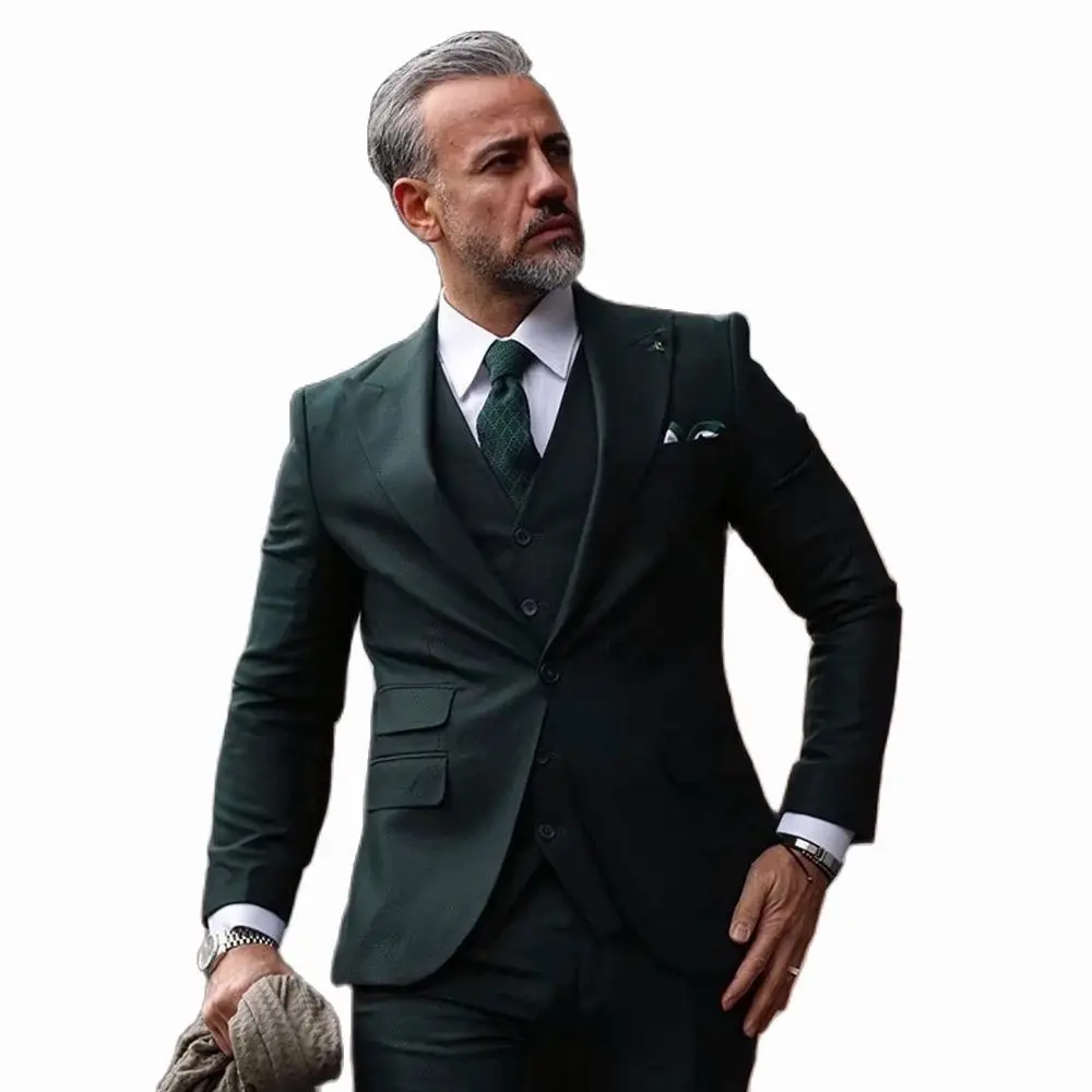 Blazer Sets One Button Men Suits 3 Pcs Costume Homme Groom Wedding Wear Slim Fit Blazers Pants Vests Design Latest Dark Green