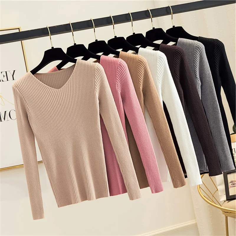 

fashion Sweater Women korean style Knitted Pullover woman Sweaters Long Sleeve V-neck Slim solid Jumper Soft Bottoming black top