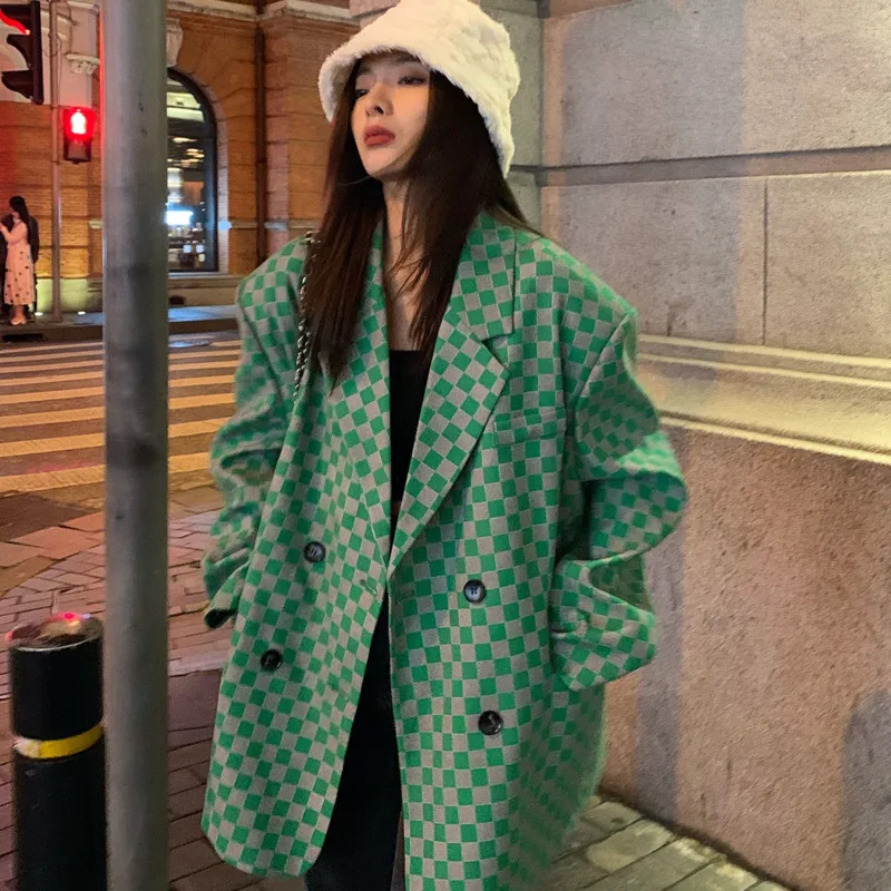 

Green Plaid Blazer 2022 Spring Autumn Korean Fashion Coat Women Loose Suit Jacket Long Sleeve Casual Chic Vintage Outwear Female