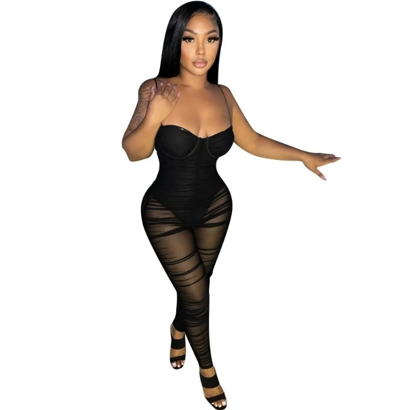 Women's Jumpsuits & Rompers Sexy Strapless Women Jumpsuit See Through Sheer Mesh Party Night Clubwear Fitness Long Womens