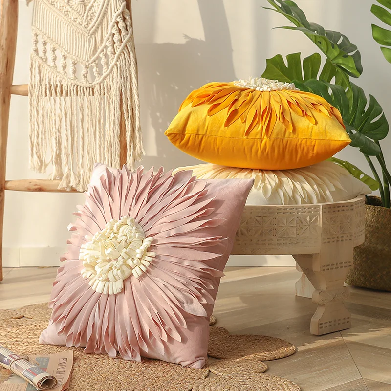 

Fashion Modern Style Yellow Throw Pillows 45*45cm Velvet Stitching 3D Chrysanthemum Cushion Waist Pillow Blue Cushion Case New
