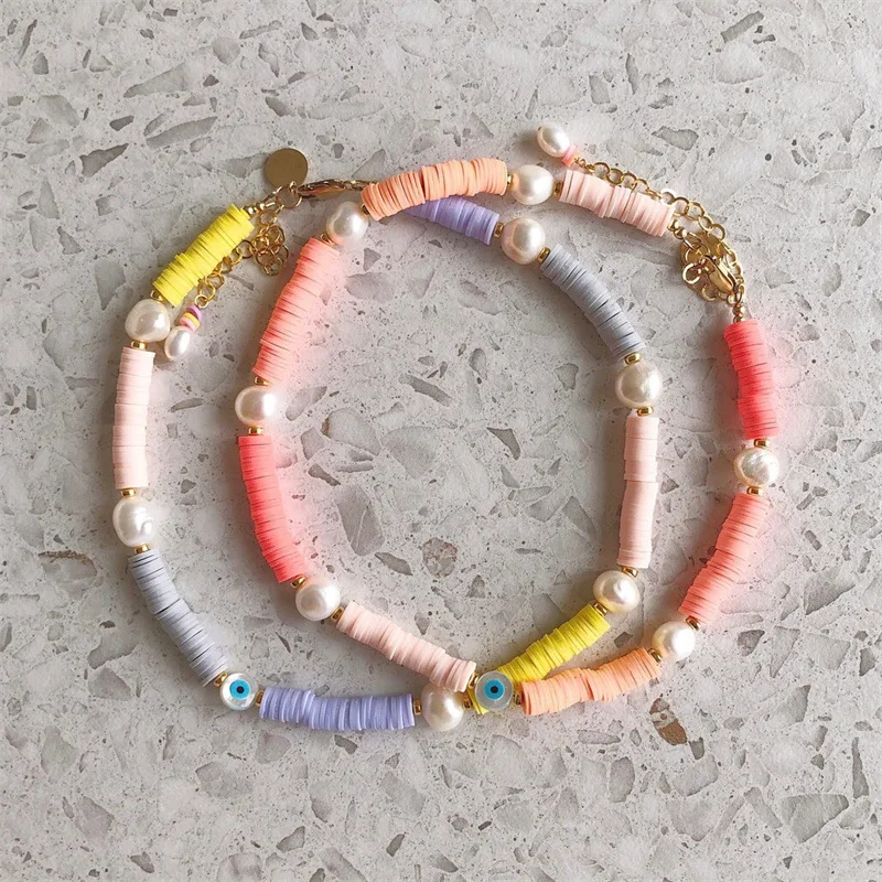 

2022 New Fashion Women Bohemian Colorful Polymer Clay Pearl Splicing Choker Necklace Women Simple Evil Eye Pearl Choker Necklace