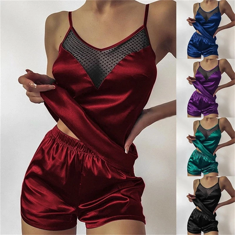 

Satin Pajamas Sexy Lace Pijama Nightie Sleepwear Home Clothes Tops And Shorts Women's Silk Pajamas Solid Color Pajama Set Women