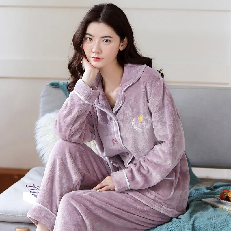 Womens Flannel Purple Pajamas Pyjamas Sets Long Sleeve Sleepwear Pijama Pajamas Suit Female Sleep Two Piece Set Loungewear