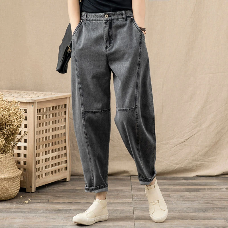 

2020 Spring Korea Fashion Women High Waist Loose Vintage Gray Jeans All-matched Casual Cotton Denim Harem Pants Plus Size S896