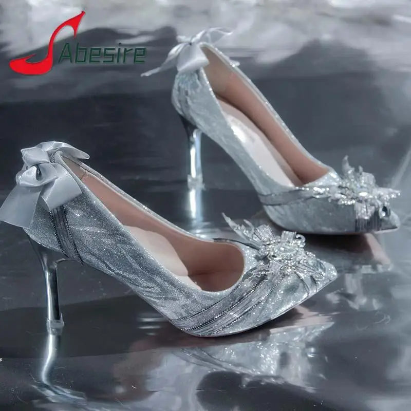 

Crystal Bowknot High Heels Sexy Pointed Toe Slip On Pumps Wedding Bride Fairy Princess Shoes Fashion Bling Silver Stiletto Shoes