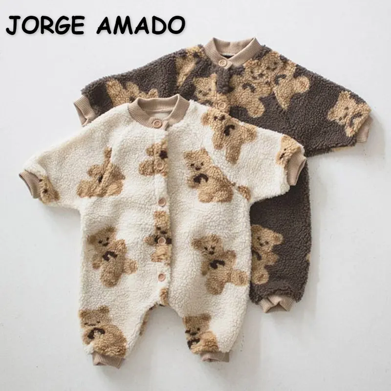 

Новый Зимний комбинезон для маленьких девочек, комбинезон коричневого, бежевого цветов с мультяшным медведем и длинными рукавами, плотный ...