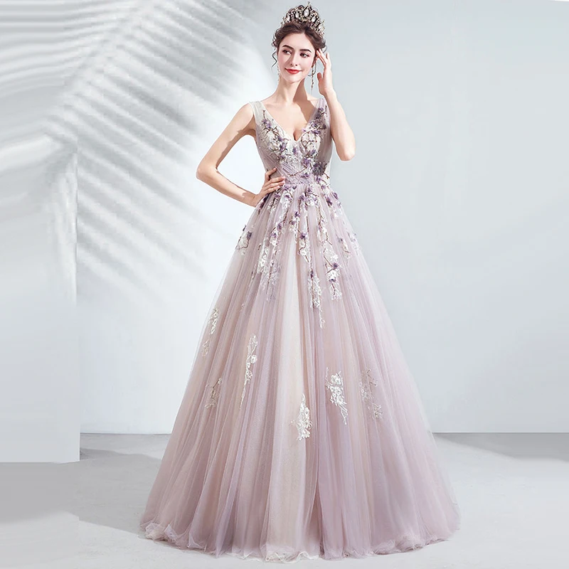 

Evening Dress Floral Print Elegant Pleat Floor-Length Deep V-Neck Empire Sleeveless A-Line Plus Size Women Formal Gowns TS017