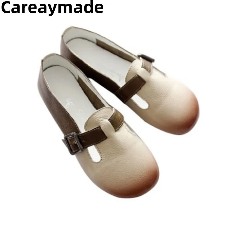 

Careaymade-Shallow-mouthed flat-soled cowhide single shoes,literary and artistic retro-vintage round-headed hand-made shoes