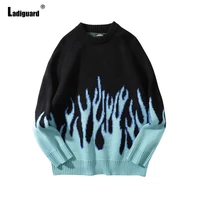 ladiguard men knitting sweater winter warm sweaters 2022 gothic style fashion fire printed top knitted pullovers male streetwear