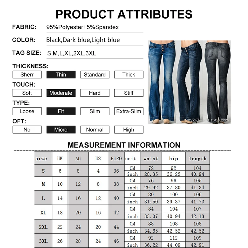 Low Waist Flared Women Jeans Loose Wide Leg Denim Pants Causal Button Up Bell Bottom Jeans Slim Fit Full Length Female Trousers