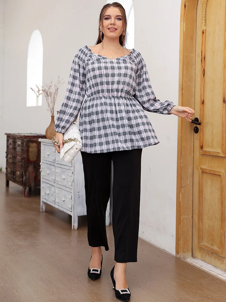 

TOLEEN Cheap Clearance Tops Plus Size Women Clothing 2022 Spring Autumn Fashion Plaid Blouse Long Sleeve Casual Oversize Shirt