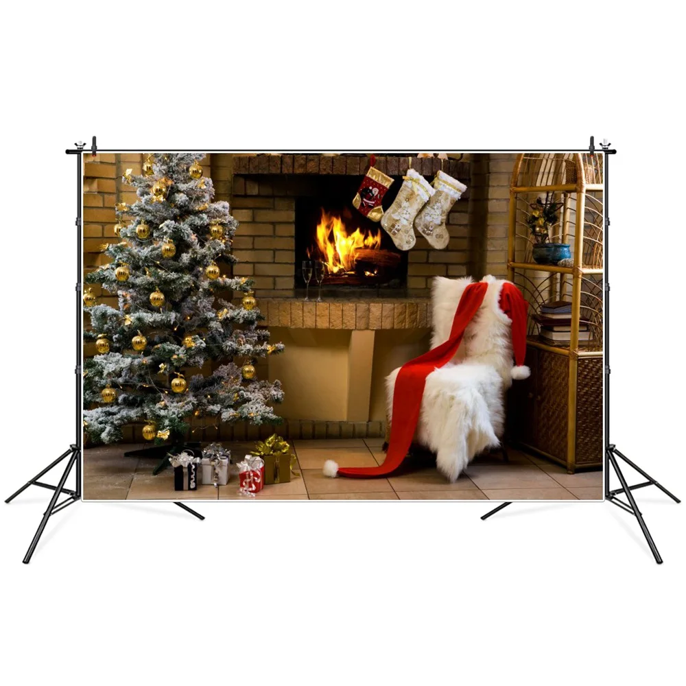 

Christmas Tree Fur Chair Socks Fireplace Interior Photography Backdrops Custom Party Decoration Photo Photographic Backgrounds