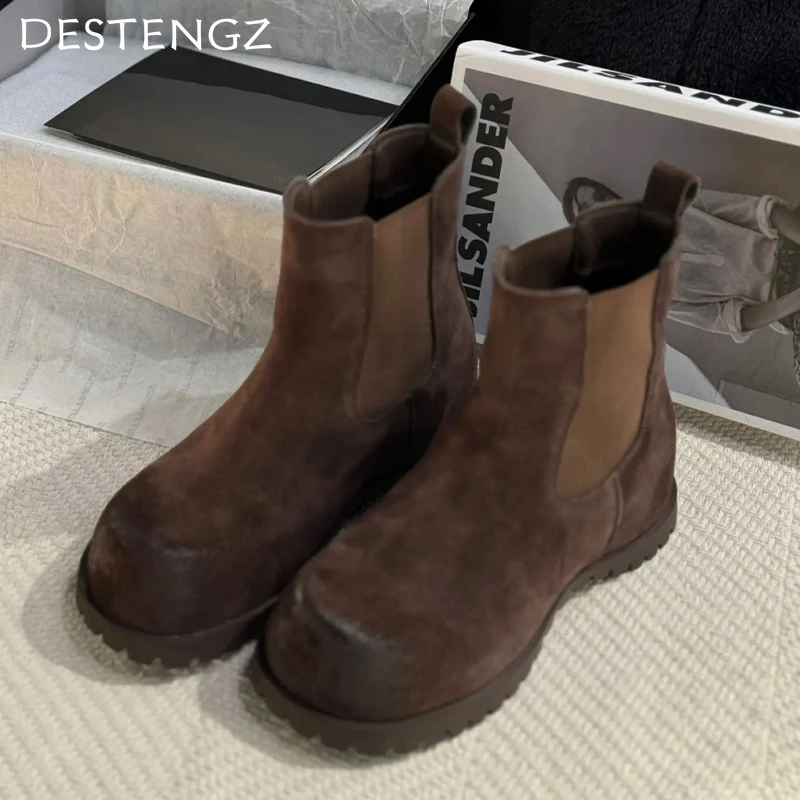Замшевые женские ботильоны на плоской подошве модная повседневная обувь зимние