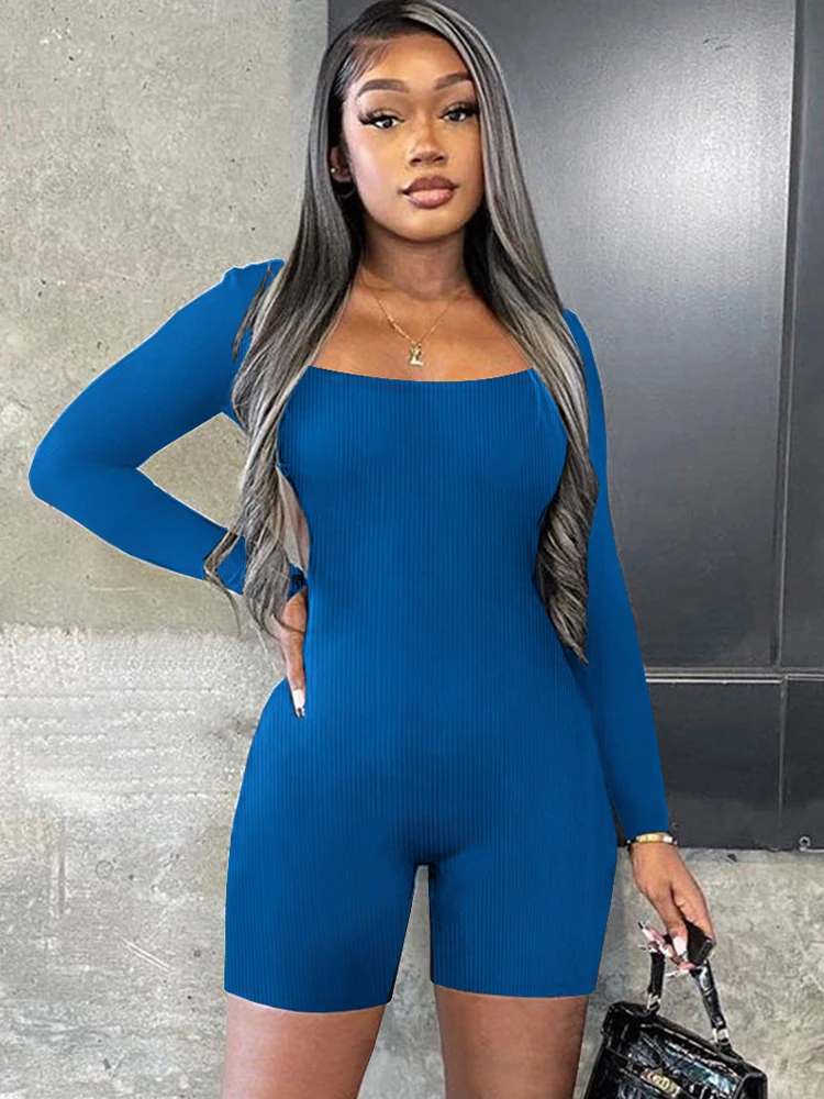 

Sexy Square Collar Full Sleeve Bodysuits Streetwear Fitness One Piece Jumpsuits Woman Solid Stretchy Ribbed Bodycon Playsuit