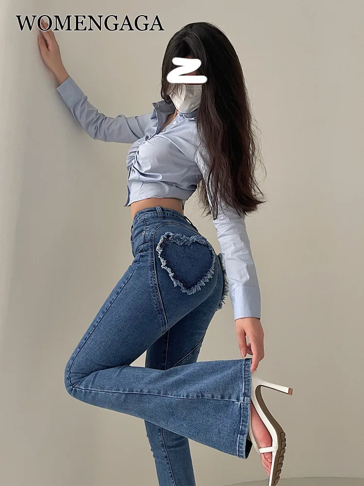 

WOMENGAGA Sexy High Waist Hip Lifting Tight Slim Peach Hip Slight Hoof Jeans Flare Pants Denim Trousers Korean W8ZG