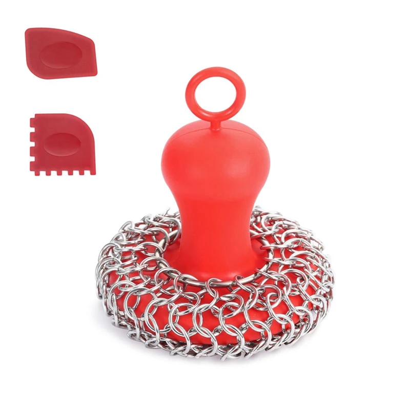 

Cast Iron Chainmail Scrubber + Pan Scraper, Stainless Steel Skillet Cleaner, Scraper Tool For Cast Iron Pans Durable Red