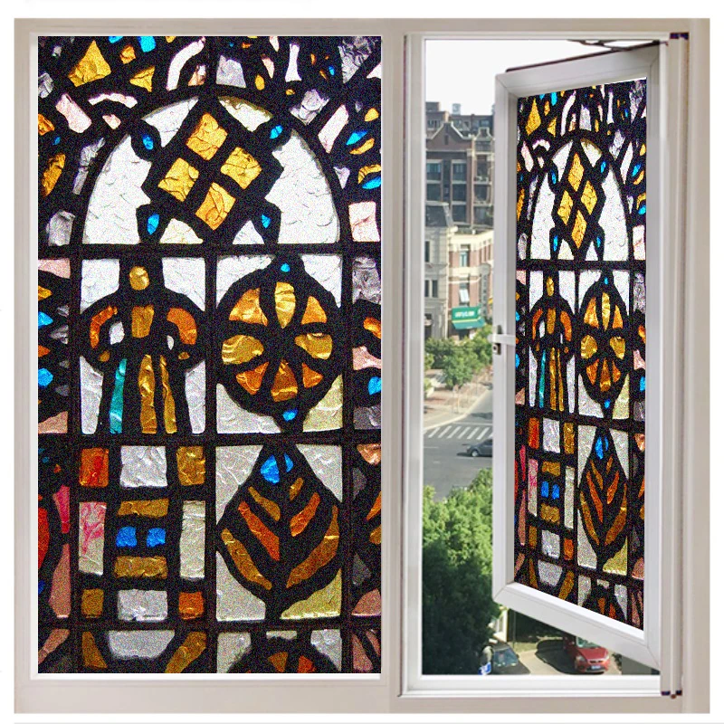 

Vintage Church Style Window Film Privacy Static Clings Decorative Sun Blocking Non-Adhesive Anti-UV Glass Stickers for Home