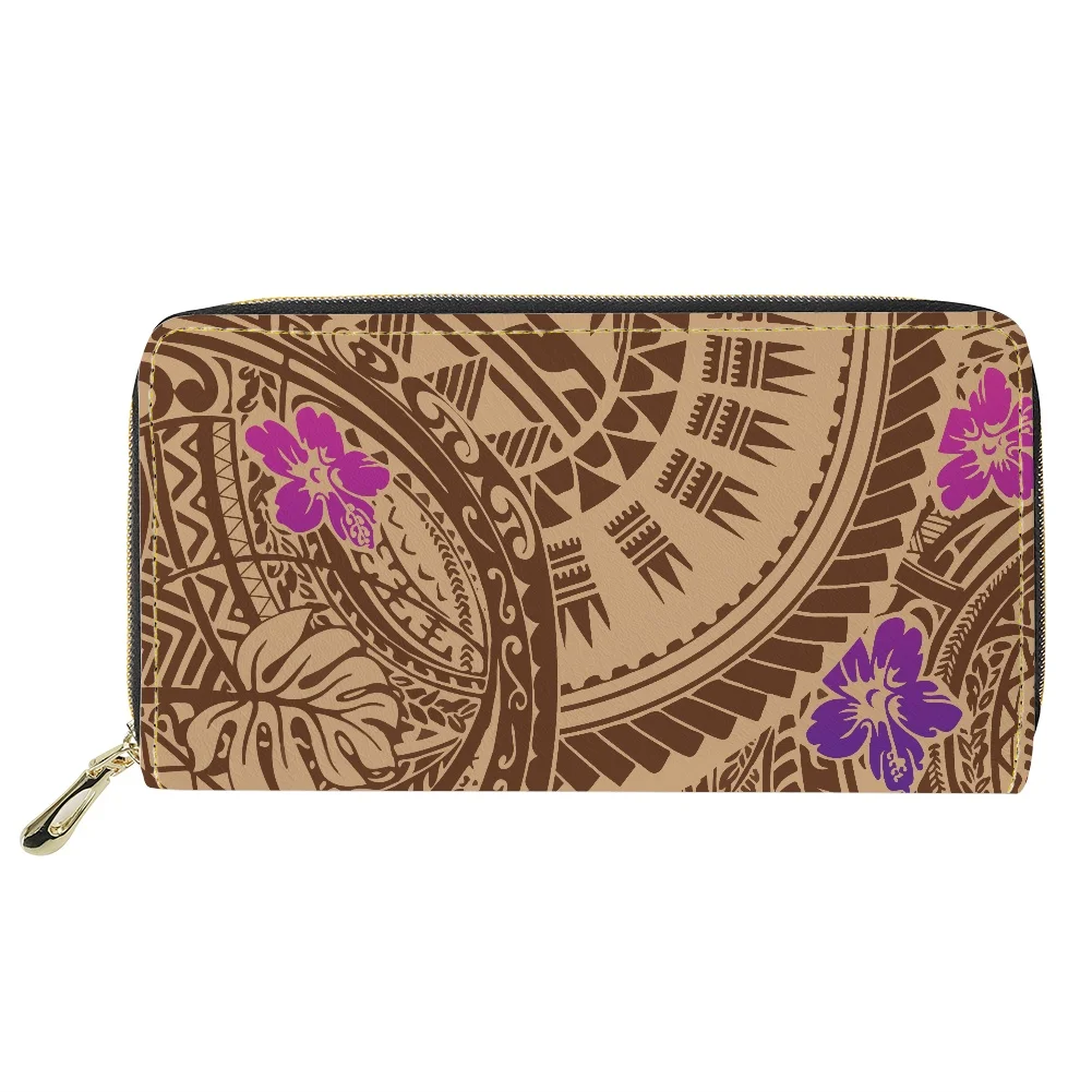 

Cumagical Coin Wallet Women Polynesian Tribal Hawaii Floral Pattern Card Holder Money Bag Long Pu Leather Zipper Wallet For Lady