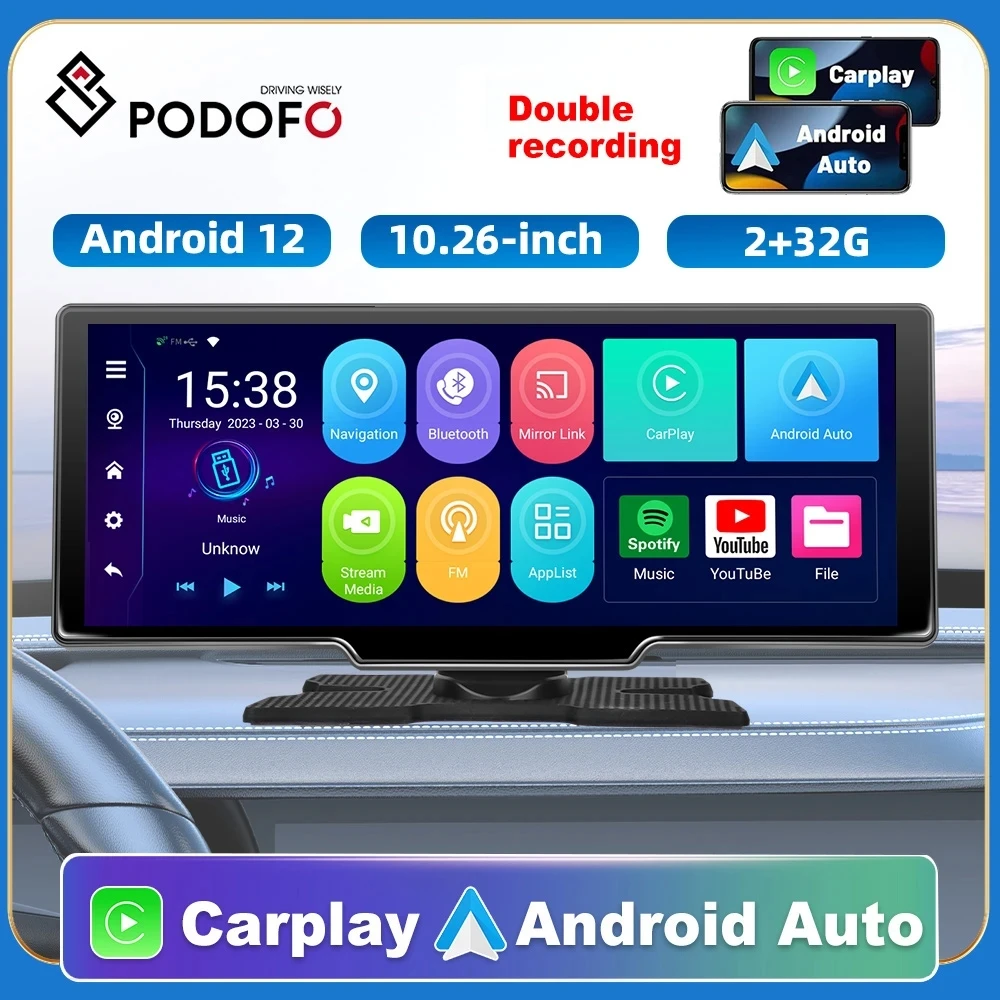 

Podofo 10.26" 2G+32G Rearview Camera Android 12 ADAS Wifi Carplay & Android Auto Video DVR Car Mirror Recorder Dashboard