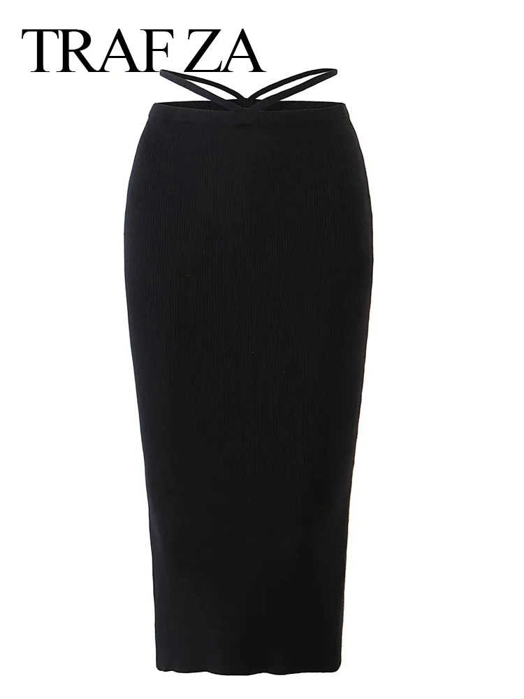 

TRAF ZA Women Elegant Solid Color Black Skirt Knitted Skinny Pack Hip Skirt With Back Slit Ladies Fashion Spring Autumn Clothing