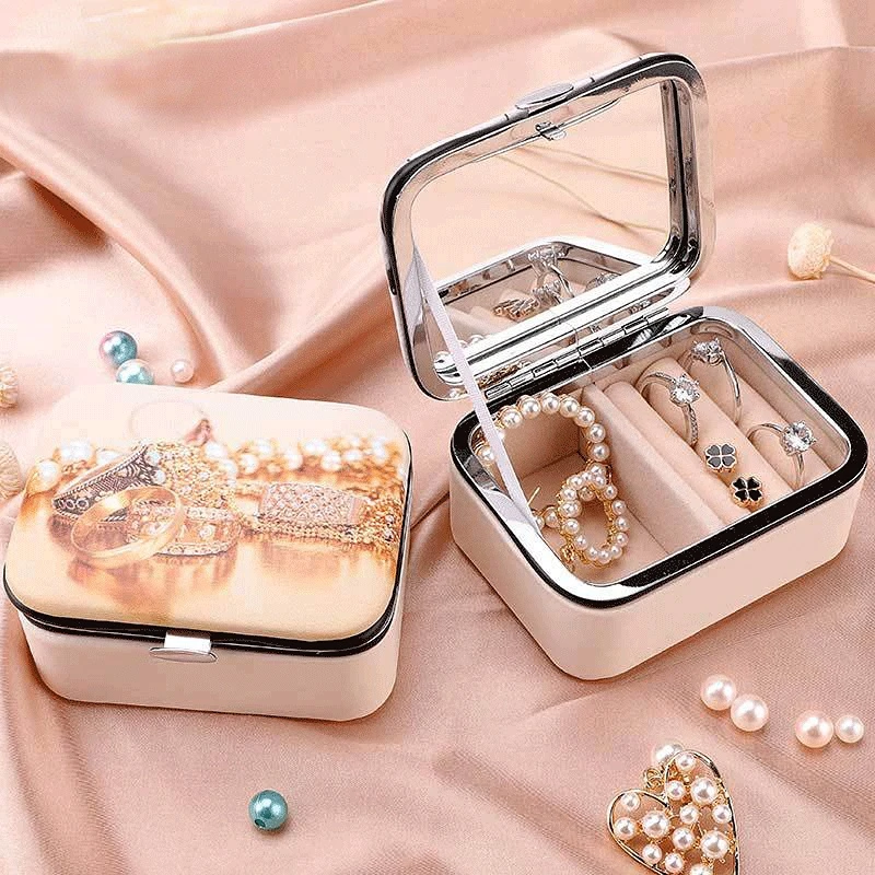 

2022 New Jewellery Organizer Leather Portable Display Box Ear Earrings Ring Jewelry Packaging&Display Storage Box with Mirror