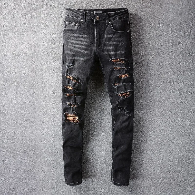

Street Retro Hole Patchwork Men Jean Noir Homme Hip Hop Black Flower Patchwork Jeans Men Fashion Trend Brand Jeans Big Size Jean