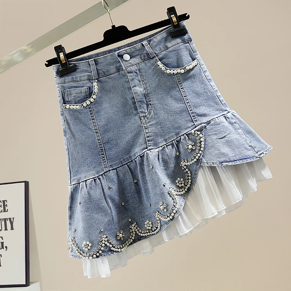

Summer Elegant Patchwork Beading Diamond High Waist Mini Skirt Fashion Casual Asymmetry Mesh Lining Short Denim Skirts For Women