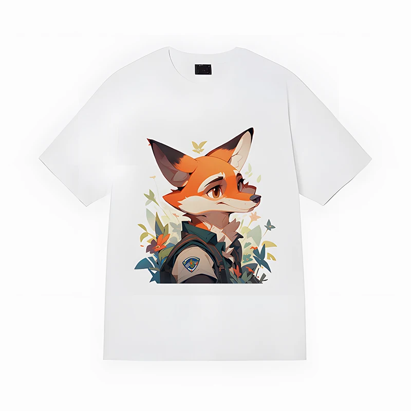 

Funny Neutral T-Shirts flowers and fox illustration Cartoon Print Pure Cotton Fashion Casual Couple's Tshirts Casual Tops Tee